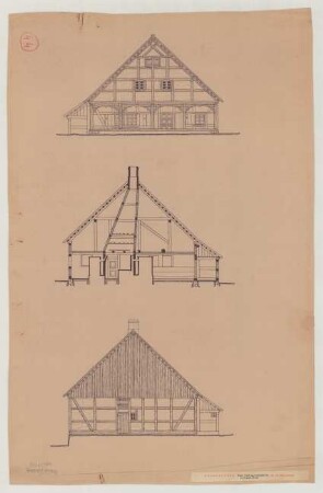 Zäckerick (Kreis Königsberg/Neumark): Löwing-Haus. Giebelansichten, Querschnitt