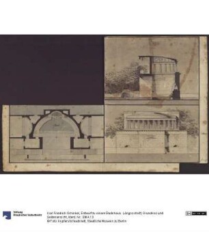 Entwurf zu einem Badehaus. Längsschnitt, Grundriss und Seitenansicht