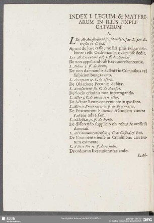 Index I. Legum, & Materiarum In Illis Explicatarum