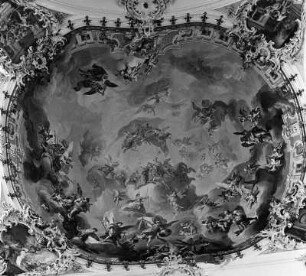 Die Hierarchie der Engel und der Engelsturz : Die Hierarchie der Engel und der Engelsturz. Deckenmalerei (1757/1764; J. J. Zeiller, F. A. Zeiller). Ottobeuren, Benediktinerabtei Ottobeuren, Klosterkirche Sankt Theodor Sankt Alexander