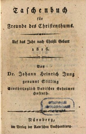 Taschenbuch für Freunde des Christenthums. 1816, 1816