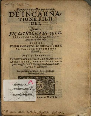 Dispvtatio Theologica De Incarnatione Filii Dei
