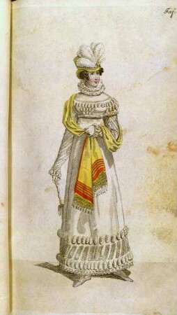 Biedermeier Mode aus: Journal für Literatur, Kunst, Luxus und Mode, Bd. 33, Jg. 1818 — Dame in weißem Kleid mit gelbem Tuch und Federhut