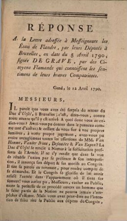 Réponse Des Citoyens Flamands A La Lettre Adressée A Messeigneurs Les États De Flandre, Par Leurs Députés A Bruxelles