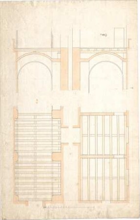 Klenze, Leo von; München; Alte Pinakothek - Balkenlage über einem Gang u. über zwei Nebenräume (Grundrisse, Querschnitte)