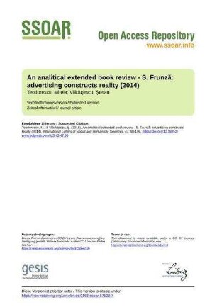 An analitical extended book review - S. Frunză: advertising constructs reality (2014)