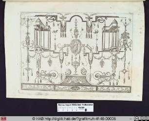 Grotesken, ornamentale Verzierungen und ein Fries mit figürlichen Darstellungen.