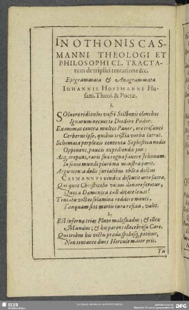 In Othonis Casmanni Theologi Et Philosophicl. Tractatum de triplici tentatione &c. Epigrammata & Anagrammata
