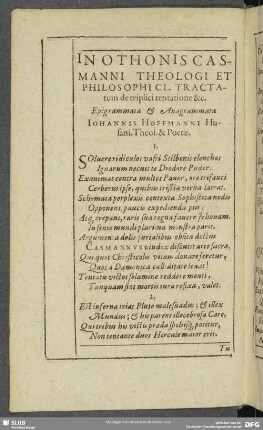 In Othonis Casmanni Theologi Et Philosophicl. Tractatum de triplici tentatione &c. Epigrammata & Anagrammata