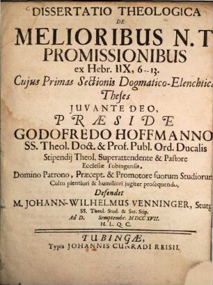 Dissertatio Theologica De Melioribus N. T. Promissionibus ex Hebr. IIX, 6 - 13.