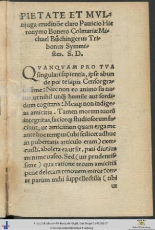 Hieronymo Bonero Colmariæ Michael Buochingerus Tribonus Symmistes Salutem Dicit