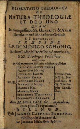 Dissertatio theologica de natura theologiae et deo uno