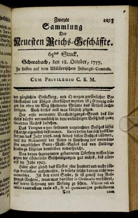 65tes Stuck. Schwabach, den 18. October, 1757.