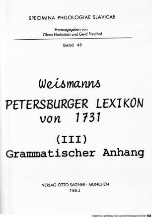 Weismanns Petersburger Lexikon von 1731, 3. Grammatischer Anhang