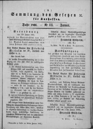 Sammlung von Gesetzen cc. für Kurhessen, Jahr 1866, Nr. III, Januar