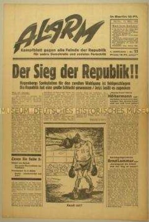 Republikanische Wochenzeitung "Alarm" zur Niederlage Hitlers bei der Reichspräsidentenwahl (1. Wahlgang)
