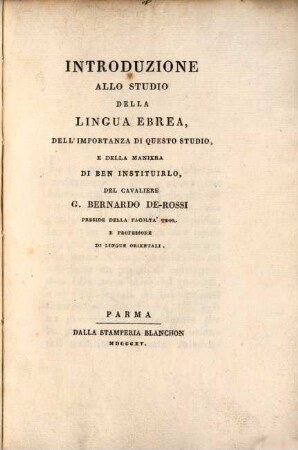 Introduzione allo studio della lingua ebraea, dell'importanza di questo studio, e della maniera di ben instituirlo