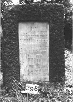 Grabstein 295 (Index: 100082319) Material: Granit, weiße Marmorplatte Zustand: gut Maße HxBxT: 134x80x45 cm Beschreibung: rechteckige Stele, Schriftplatte: Grabstein 295