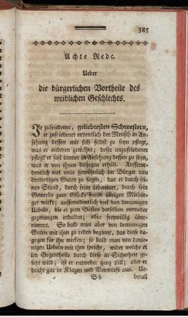 Achte Rede. Ueber die bürgerlichen Vortheile des weiblichen Geschlechts.