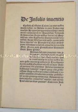 Nachdruck der lateinischen Kolumbus-Schrift Die neu entdeckten Inseln betreffend sowie der ersten Übersetzung dieser Schrift ins Deutsche