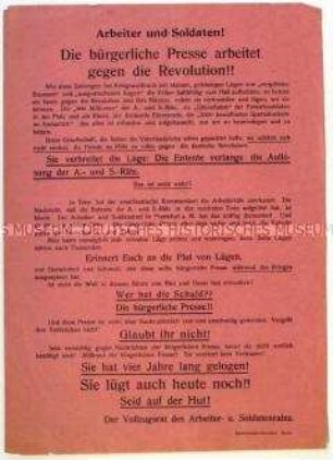 Flugblatt des Vollzugsrates des Arbeiter- und Soldatenrates gegen die Presse
