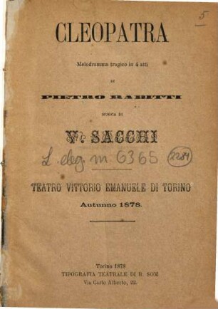 Cleopatra : melodramma tragico in 4 atti ; Teatro Vittorio Emanuele di Torino, autunno 1878