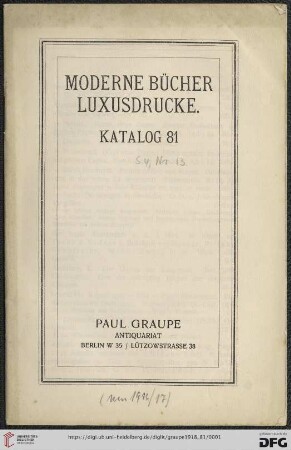 Nr. 81: Katalog / Paul Graupe, Antiquariat: Moderne Bücher, Luxusdrucke