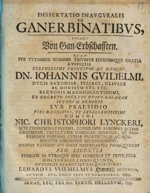 Dissertatio Inauguralis De Ganerbinatibus, Vulgo: Von Gan-Erbschafften