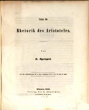 Ueber die Rhetorik des Aristoteles