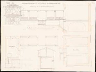 Wohnhaus Hildebrandt mit Gaststätte, Breslau: Lageplan, Bauten im Hof, Waschküche, Bierkeller: Aufriss, Grundrisse, Schnitte, Maßstabsleisten (Meter und Fuß)