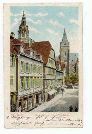 "Fleinerstrasse mit Kilianskirche" (color) - Fleiner Straße 35 (Adolf Kögel, Metzger), Fleiner Straße 37 (C. Brenner-Schilling), Fleiner Straße 39, Fleiner Straße 41 (Adolf Berger)