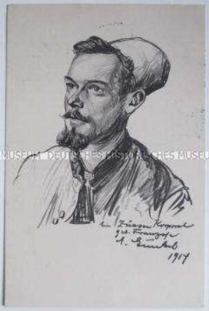 Kriegs-Erinnerungs-Karte mit dem Portrait eines Zuaven-Korporals von 1914