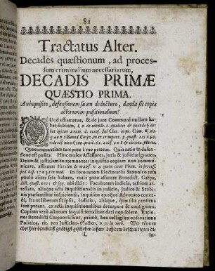 Tractatus Alter. Decades quæstionum, ad processum criminalium necessariarum.