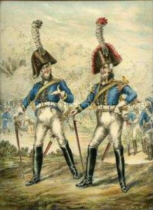 Uniformdarstellung, Dragoner und Trompeter des Dragoner-Regiments Kurfürst Pfalz-Bayern, Preußen, 1803, Tafel 14 aus: Wühlisch: Dragoner-Bilder.