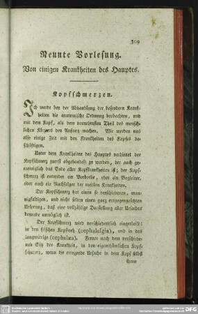 Neunte Vorlesung. Von einigen Krankheiten des Hauptes