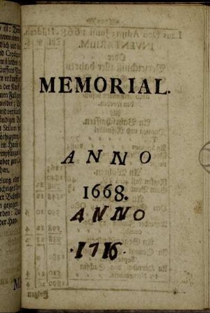 Memorial. Anno 1668. Anno 1716.