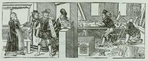 Kurfürst August in einer Tischlerwerkstatt : Kf. August in Tischlerwerkstatt, Stich 16. Jh.