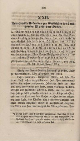 XXII. Ungedruckte Urkunden zur Geschichte des Landgrafen Moritz von Hessen.