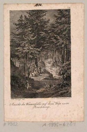 Der Friedrichsgrund bei Dresden zwischen Pillnitz und dem Borsberg mit Besuchern vor dem künstlichen Wasserfall, aus Beckers Taschenbuch zum geselligen Vergnügen