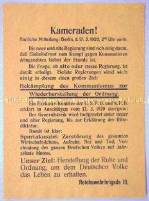 Amtliche Mitteilung der Reichswehrbrigade III an die Soldaten im Kampf gegen Kommunismus, Spartakusbund und Räterepublik