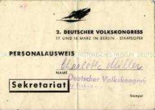 Dienstausweis für eine Sekretärin des II. Deutschen Volkskongresses