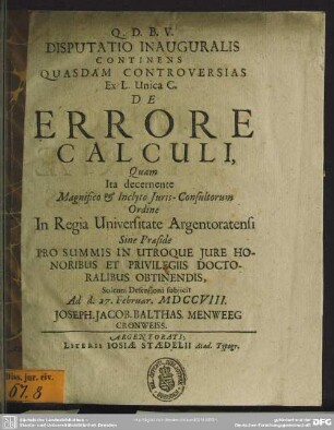 Disputatio Inauguralis Continens Quasdam Controversias Ex L. Unica C. De Errore Calculi