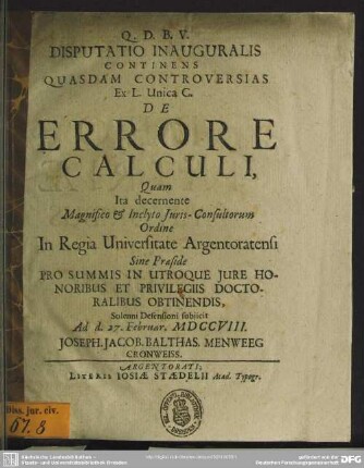 Disputatio Inauguralis Continens Quasdam Controversias Ex L. Unica C. De Errore Calculi