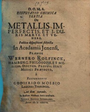 Disputatio Chimica ..., 3. De Metallis Imperfectis, Et I. Duris Martte Et Venere