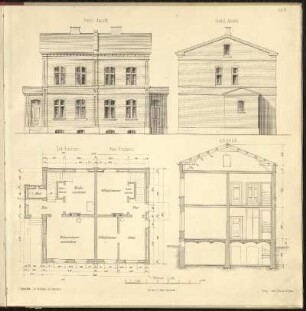 Tafel V: Beispiel eines Arbeiterwohnhauses, Ansicht, Schnitt, Grundriss