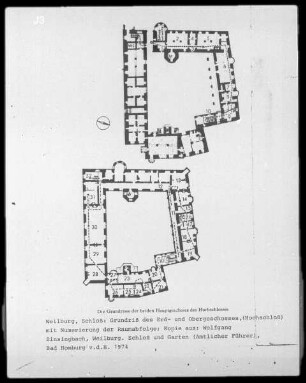 Weilburg, Schloß, Grundriß des Erd- und Obergeschosses mit Numerierung der Raumabfolge
