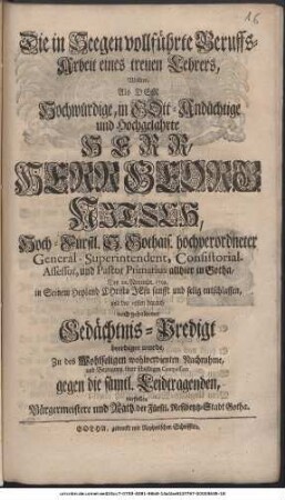 Die in Seegen vollführte Beruffsarbeit eines treuen Lehrers, wollten als ... Herr Georg Nitsch ... Den 20. Novembr. 1729. ... beerdigt wurde, ... vorstellen Bürgermeister und Rath der Res.-Stadt Gotha