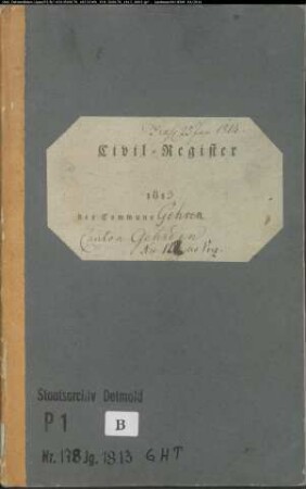 Zivilstandsregister der katholischen Gemeinde Gehrden, Kreis Warburg (GHT 1813). (Gemeinde: Katholische Gemeinde Gehrden)