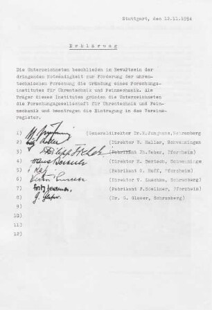 Faksimile der Gründungsurkunde des Forschungsinstituts