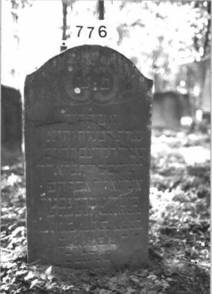 Grabstein 776 (Index: 99900343) Material: Sandstein Zustand: angewittert, Risse im Stein (Brüche?) Maße HxBxT: 104x57x12 cm Beschreibung: Stele mit Konvexbogenabschluss, im Bogenfeld gekreuzte Zweige Symbolik: gekreuzte Zweige Besonderheit: kulturhistorisch wertvoll / hist.-wiss. Gründe (Gemeindestellung): Grabstein 776